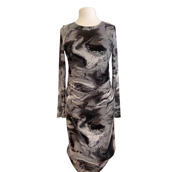 NWT Reitmans sheer Womens Long-Sleeve Ruched Bodycon Dress Black & Gray Marble M - Picture 1 of 13